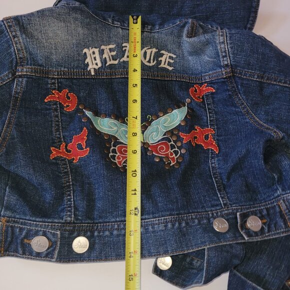 PEACE studded and embroidered cropped jean jacket by J2 Jean - Picture 8 of 9